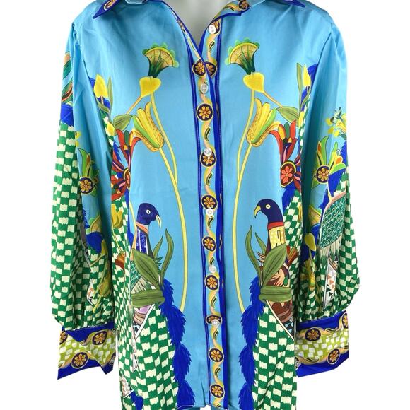 Women's Multicolor Floral Checkered Satin Button Down Shirt & Wde Leg Pants M - Picture 3 of 7